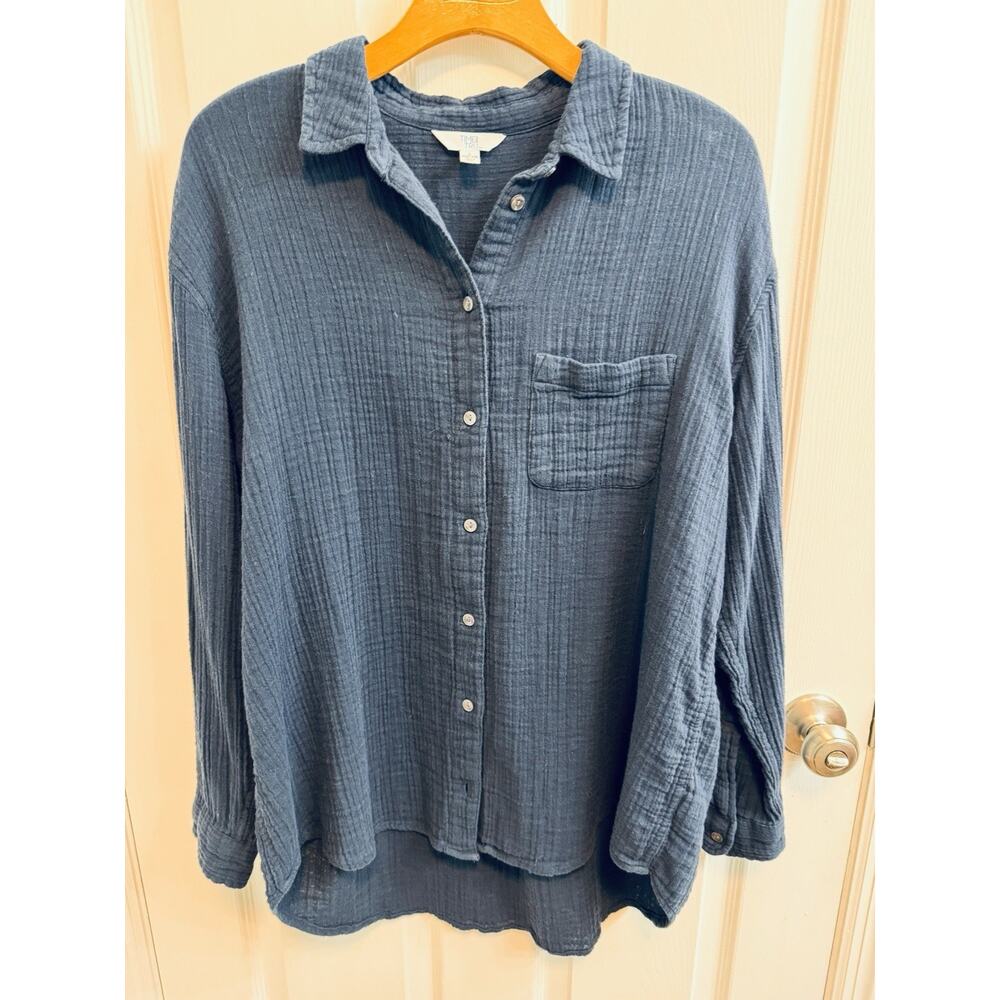 Time and Tru L Blue Button Shirt Crinkle Cotton Fabric Long Sleeve Picked - Picture 2 of 16